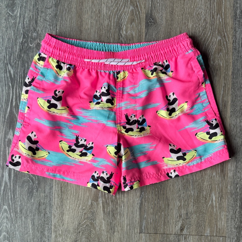 wonder nation Pink Panda Print Swim Trunks with Aqua Accents
